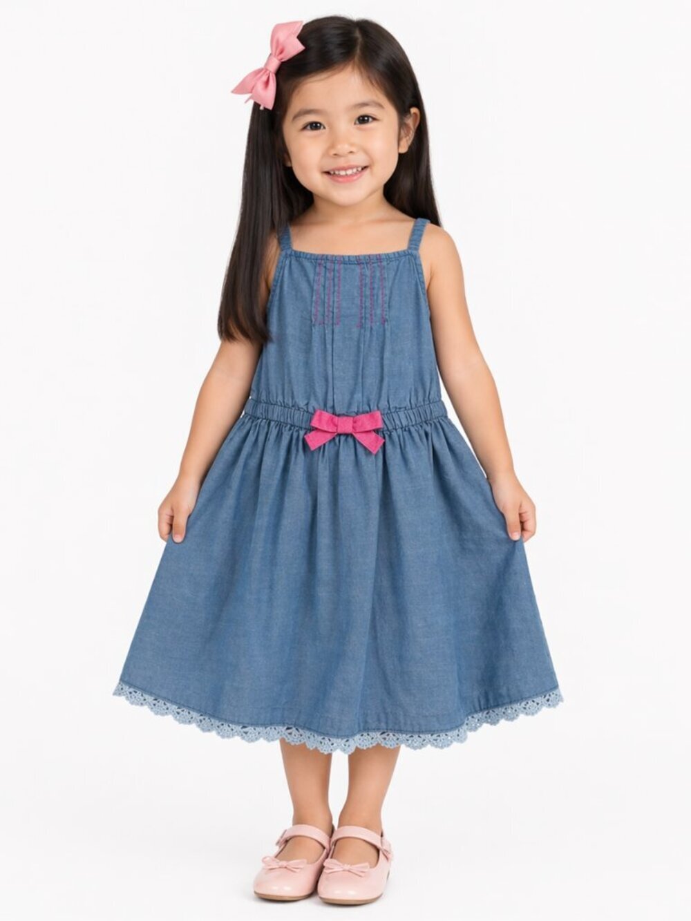 Cherokee Chambray Size 3T Sleeveless Dress Pink Bow Embroidery Ruffle Hem